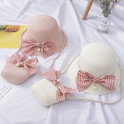 Children Mint ivory pink beige sun protection sun hat for kids girls summer beach hat wave straw  sun hats baby cool hats and purse bag